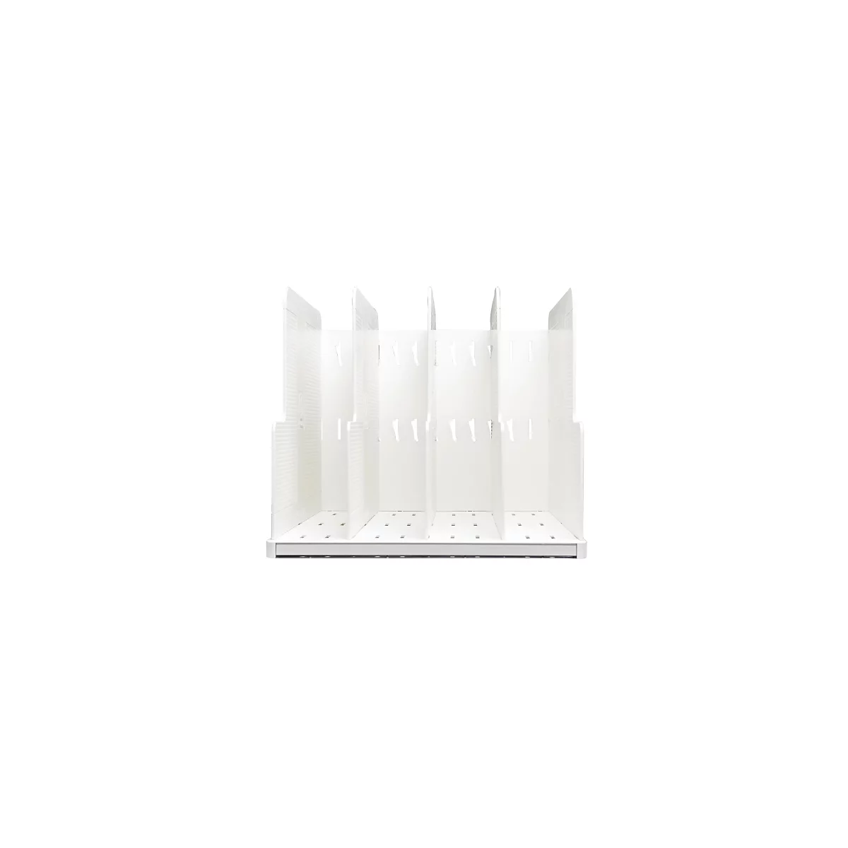 Organisateur de bureau rectangulaire blanc avec plusieurs compartiments. Trous et fentes visibles.