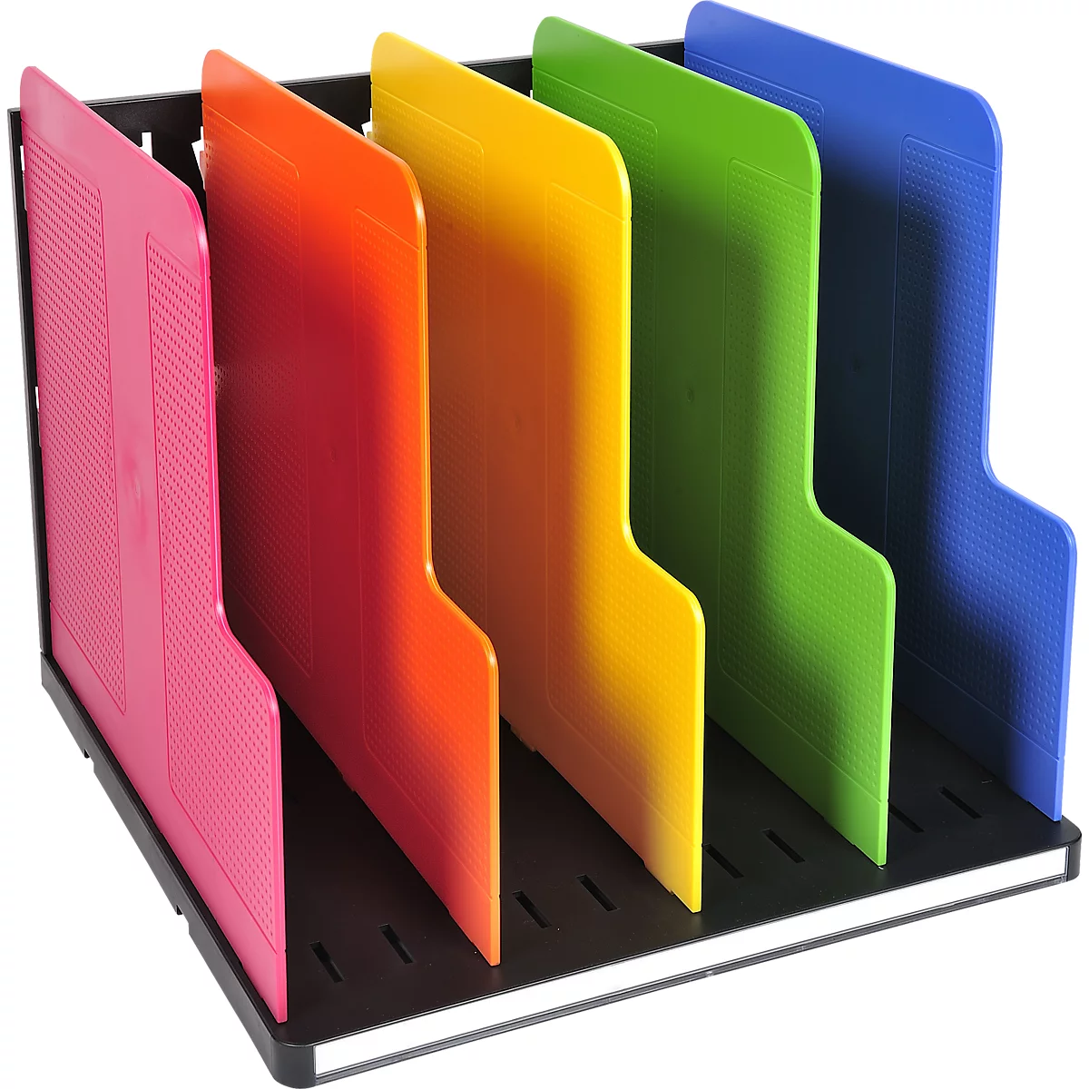 Vue d'un organisateur de documents coloré avec cinq compartiments. Chaque compartiment a une couleur différente.