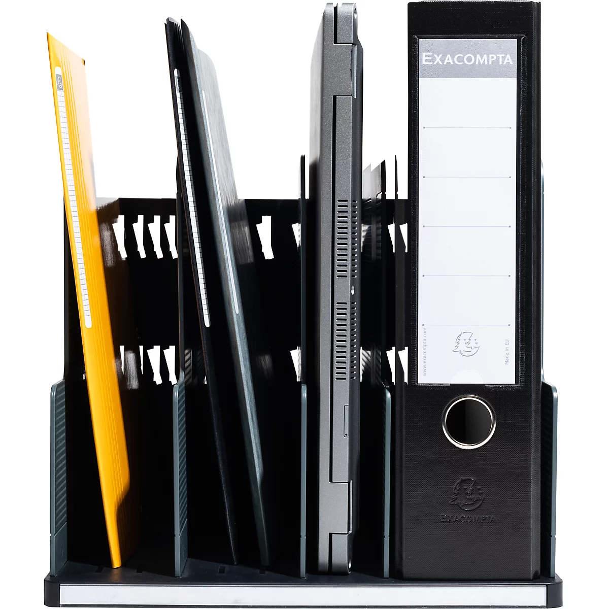Organisateur de documents noir avec chemise jaune, ordinateur portable et classeur. Inscription EXACOMPTA.
