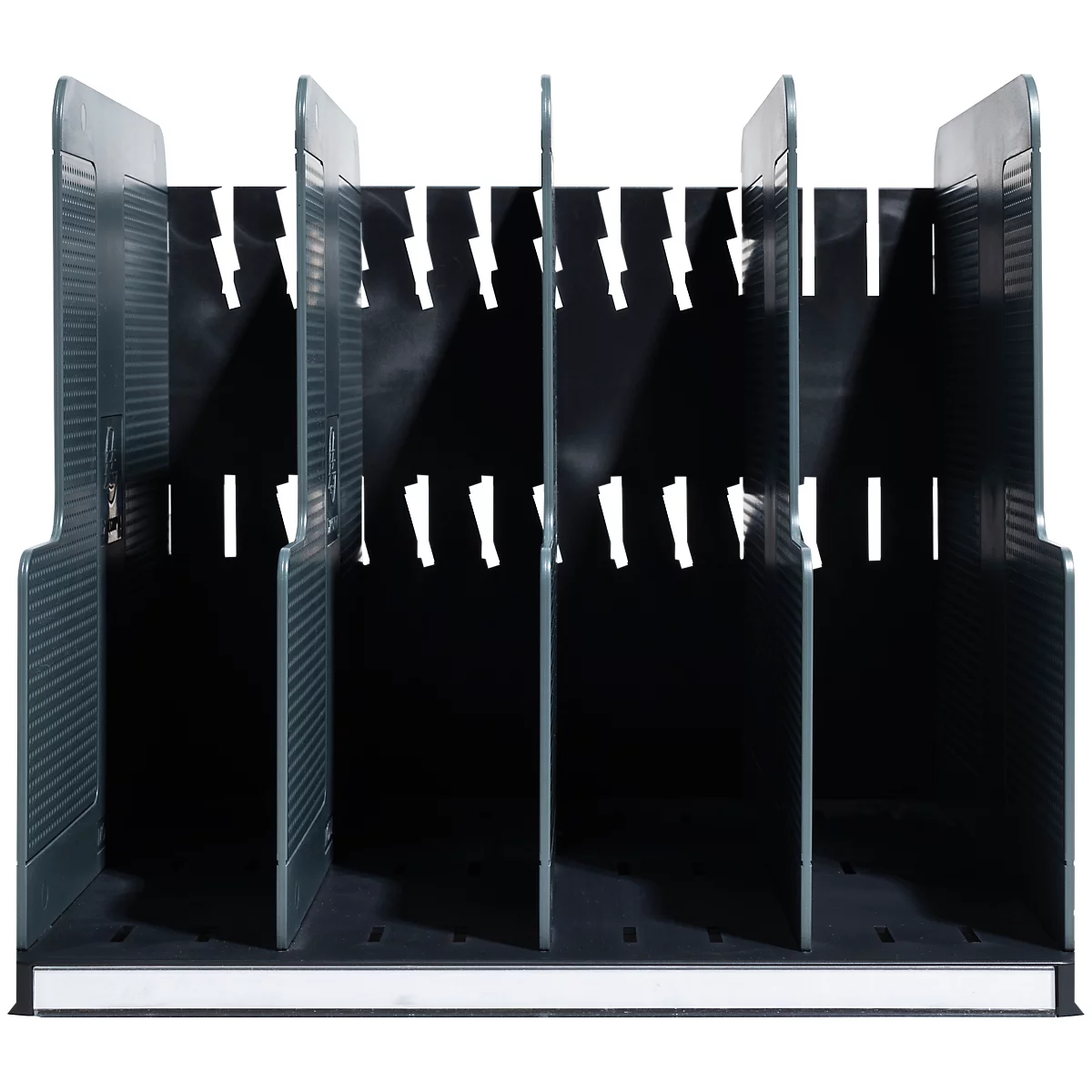 Porte-documents noir avec plusieurs compartiments et découpes, sur fond clair.