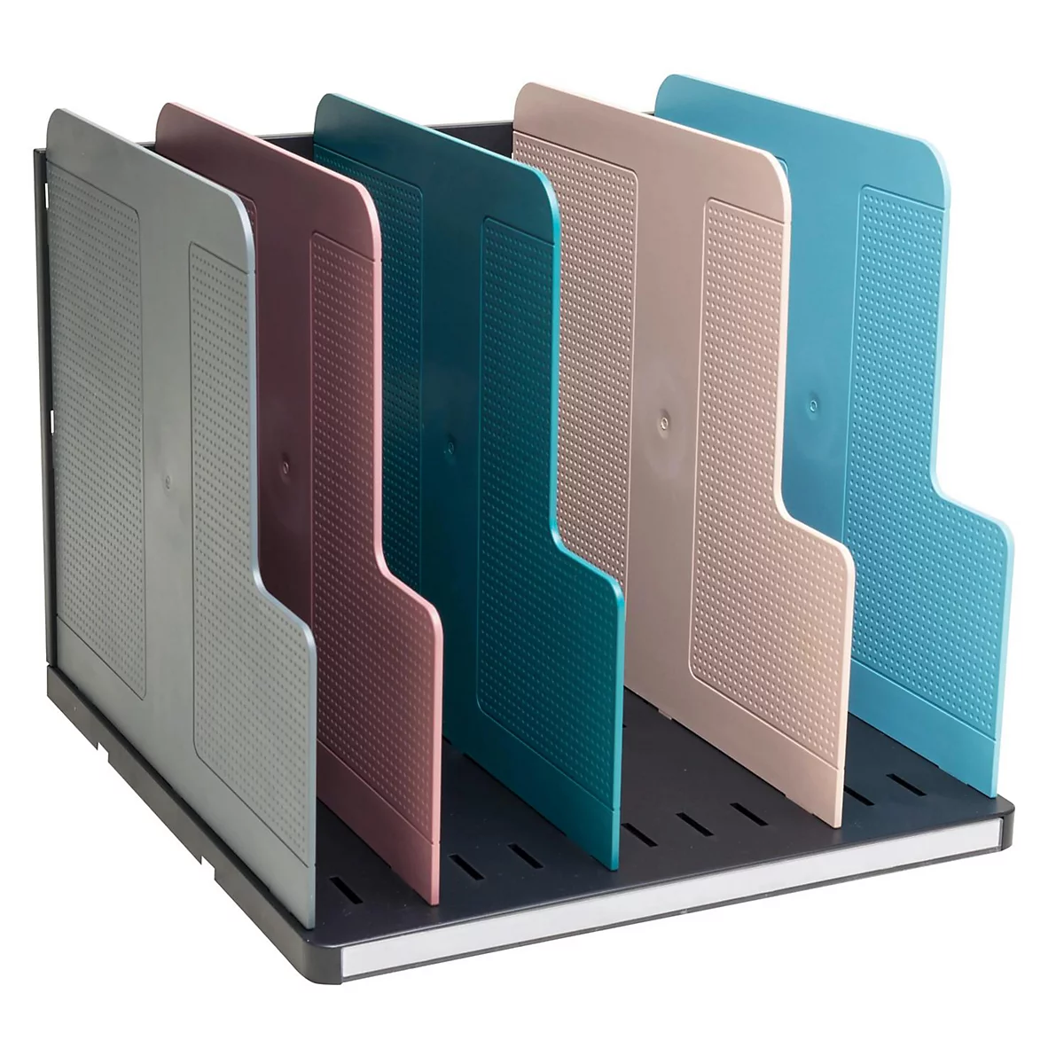 Organisateur de bureau multicolore avec plusieurs compartiments. Compartiments en gris, rose, turquoise, beige et bleu clair.