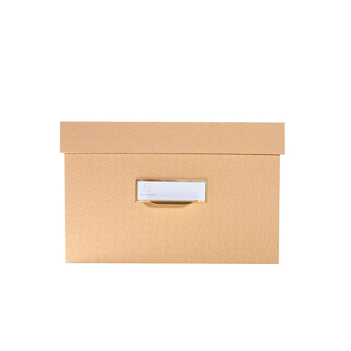 Beige Box mit Deckel und Namensschild.