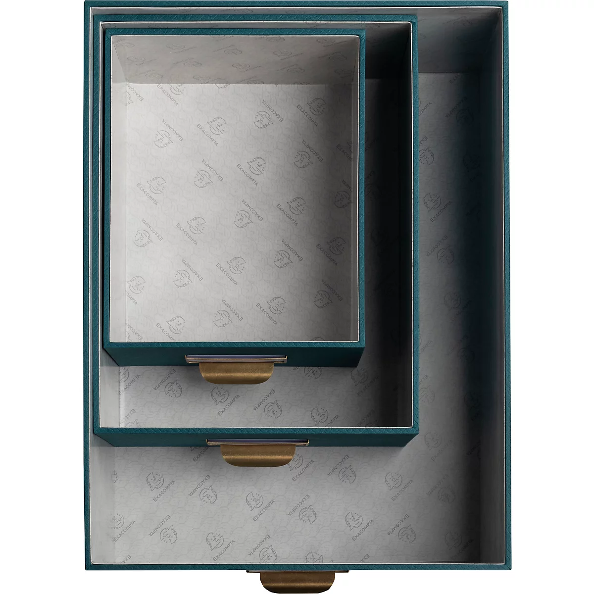 Drei grüne Schubladenboxen, eine in einer anderen, mit hellgrauem Innenfutter und goldenen Griffen.