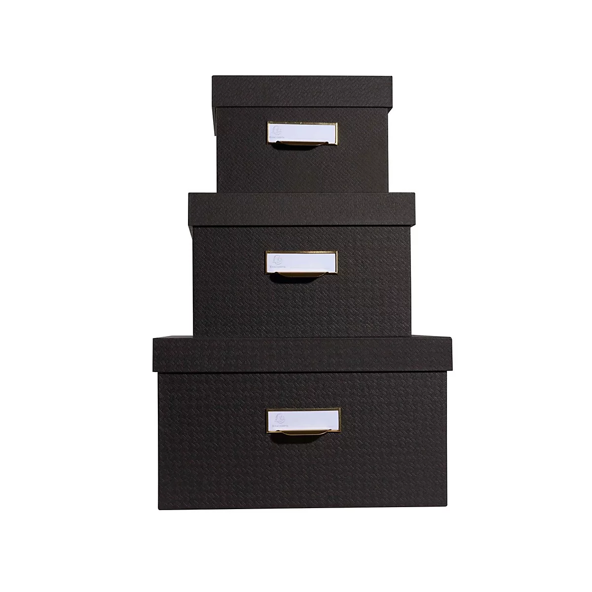 Drei schwarze Stapelboxen, gestapelt; jedes Fach hat ein silbernes Etikett.
