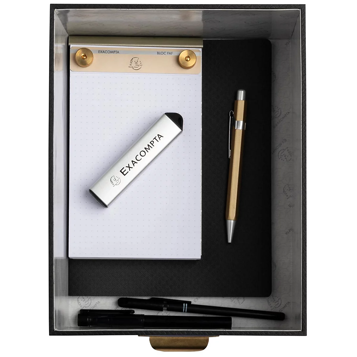 Schreibtisch-Organizer mit Notizblock, Stift, Bleistift, Radiergummi und Stiften in einer Box.