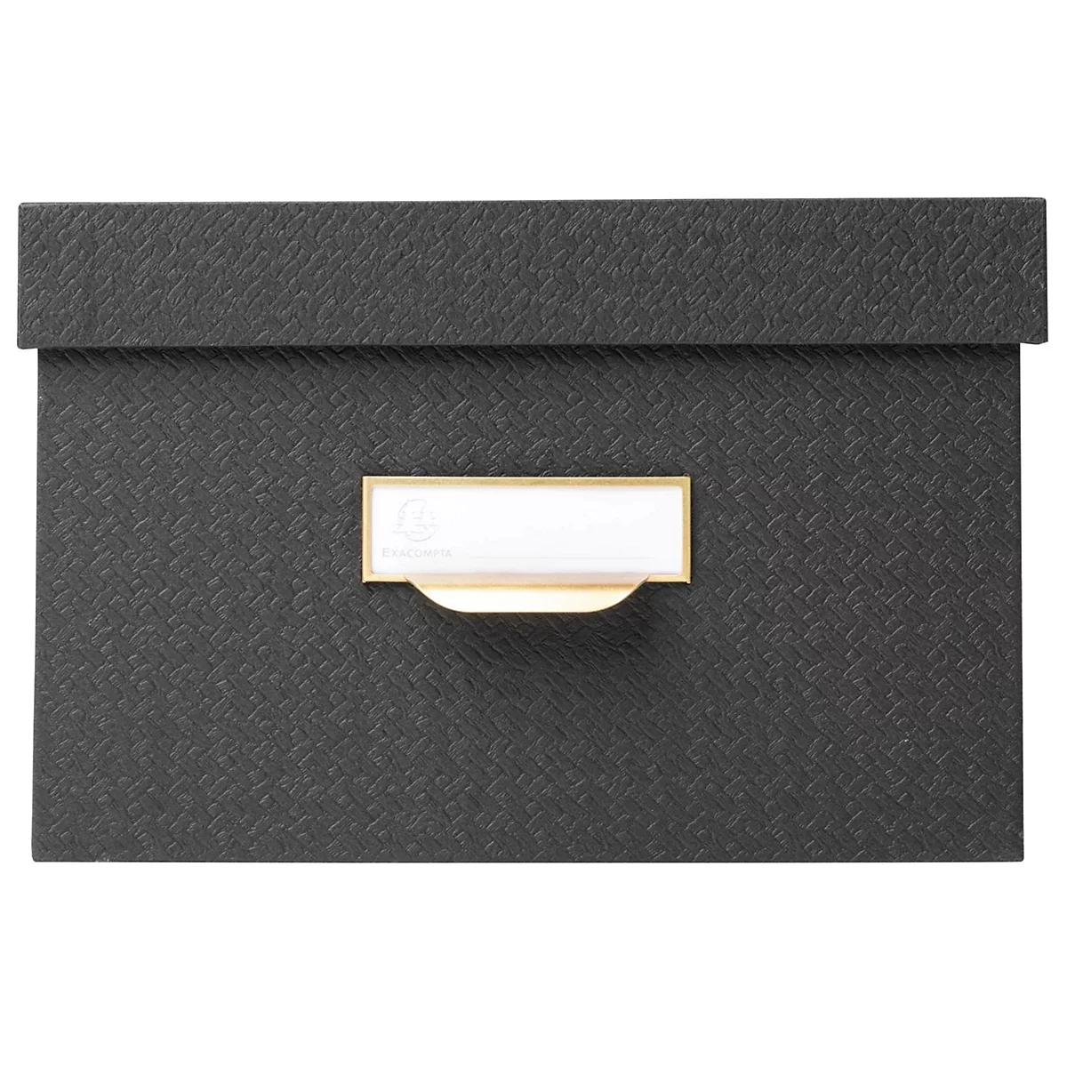 Dunkelgraue Schachtel mit Deckel und Namensschild.