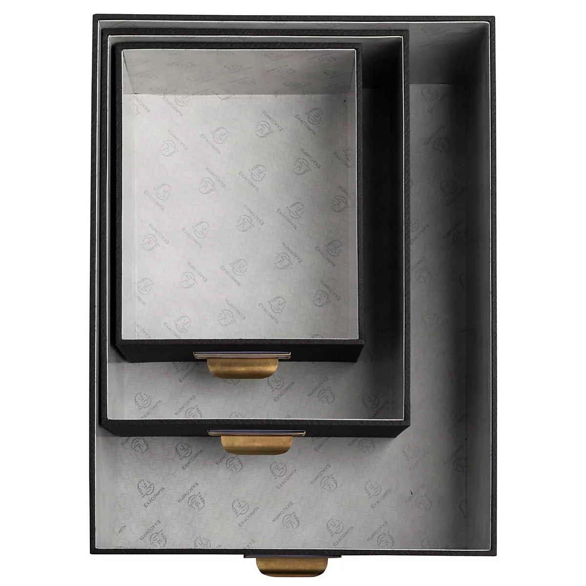 Drei schwarze Schubladen ineinander. Jede hat einen goldenen Griff.