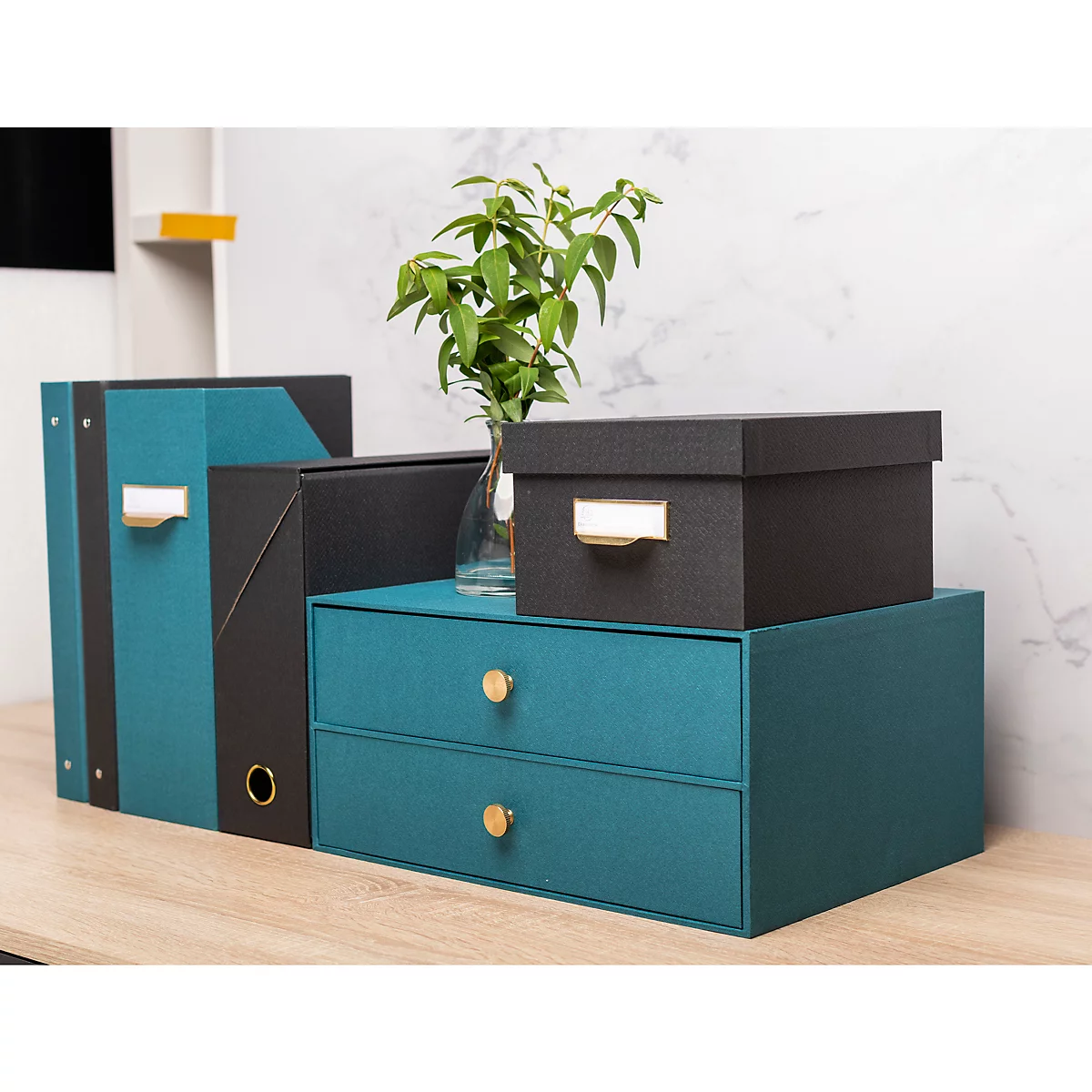 Accessoires de bureau: classeurs, boîte à tiroirs avec boutons dorés, plante verte et boîte noire sur le bureau.