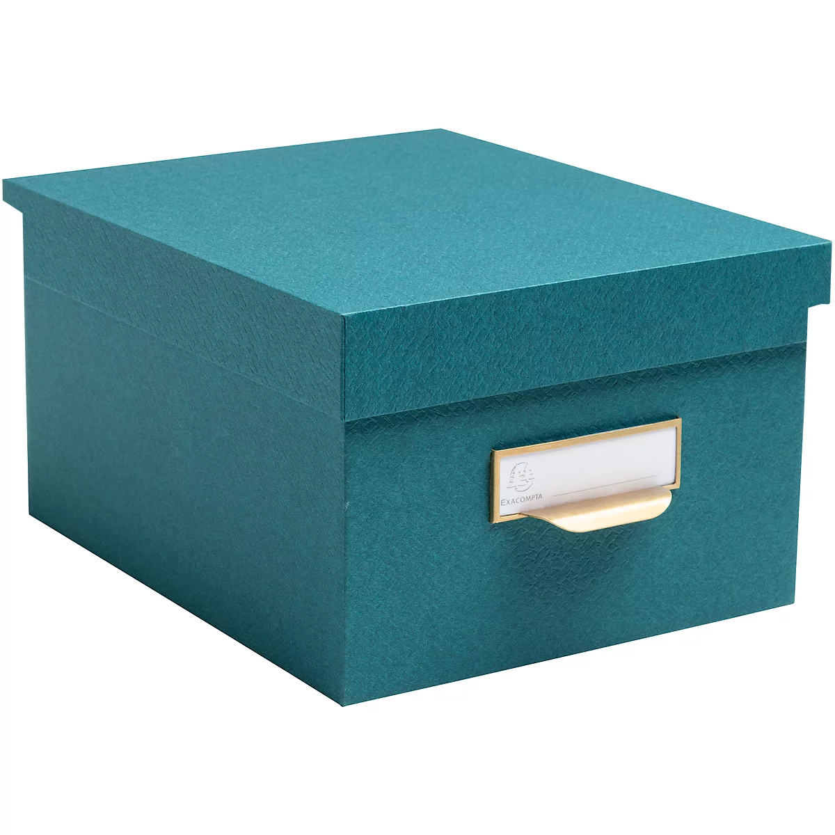 Une boîte de rangement turquoise avec un couvercle et une plaque signalétique.