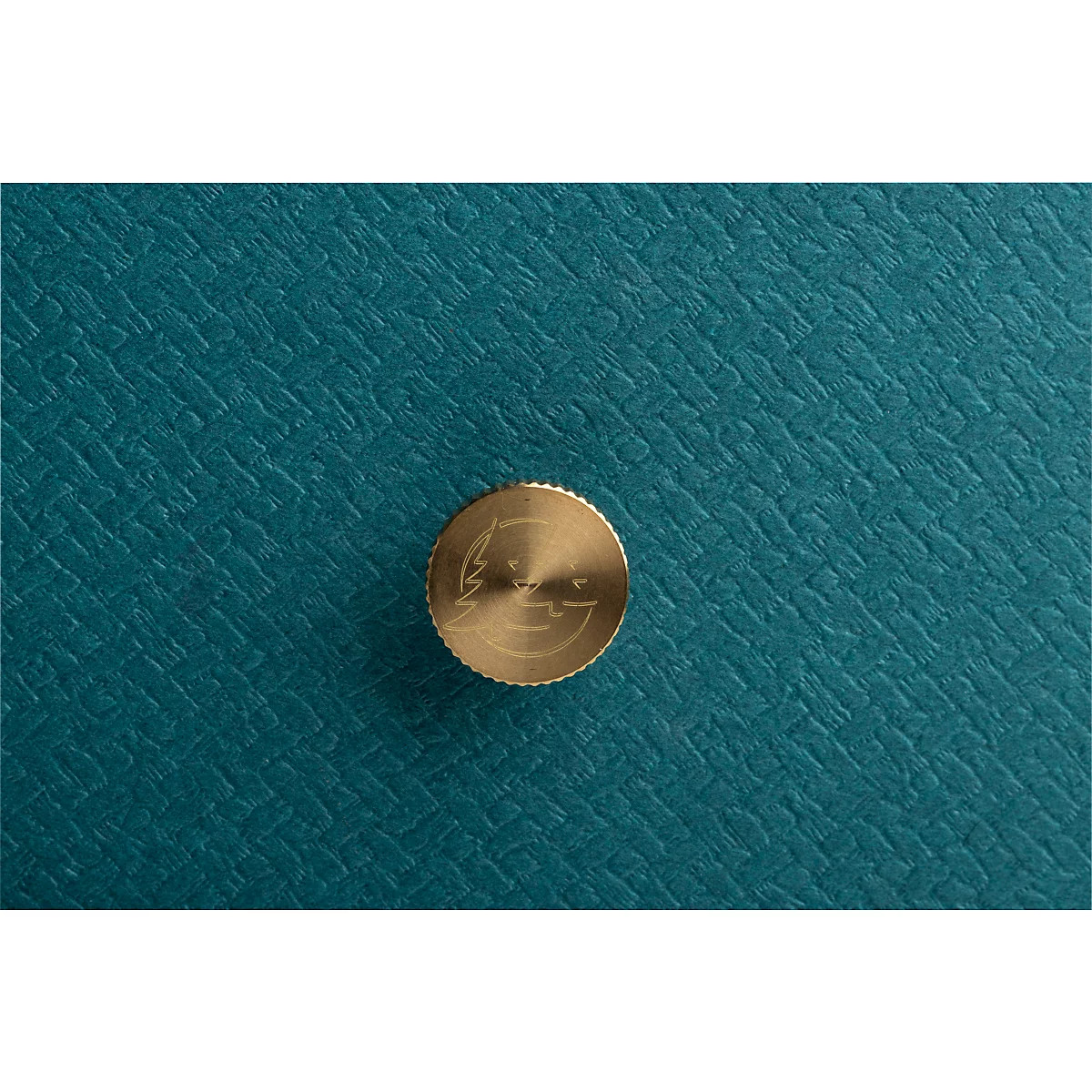 Close-up van een gouden knop op een getextureerd, turquoise oppervlak. De knop heeft een gegraveerd logo.