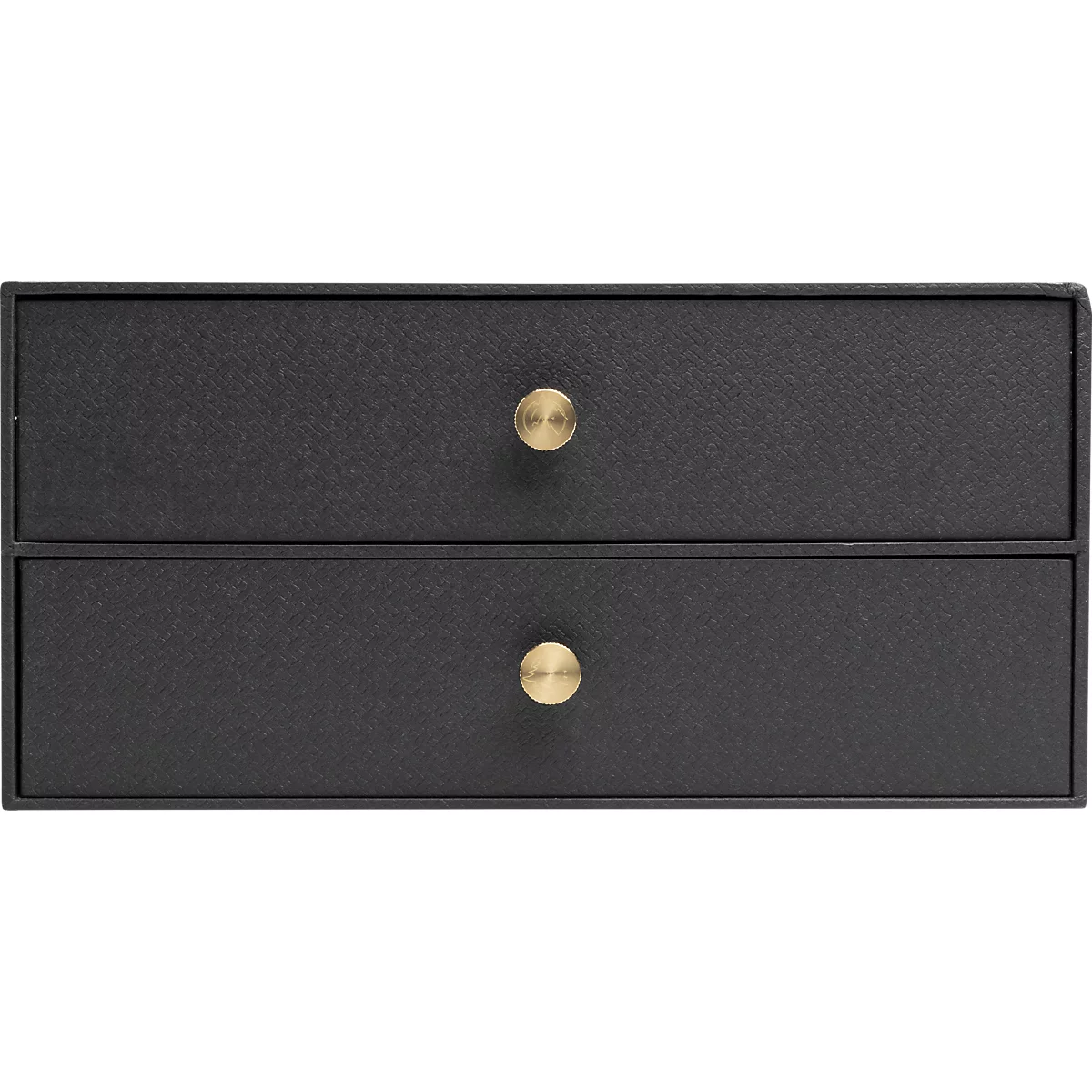 Zwarte ladekast met twee laden en gouden knoppen.