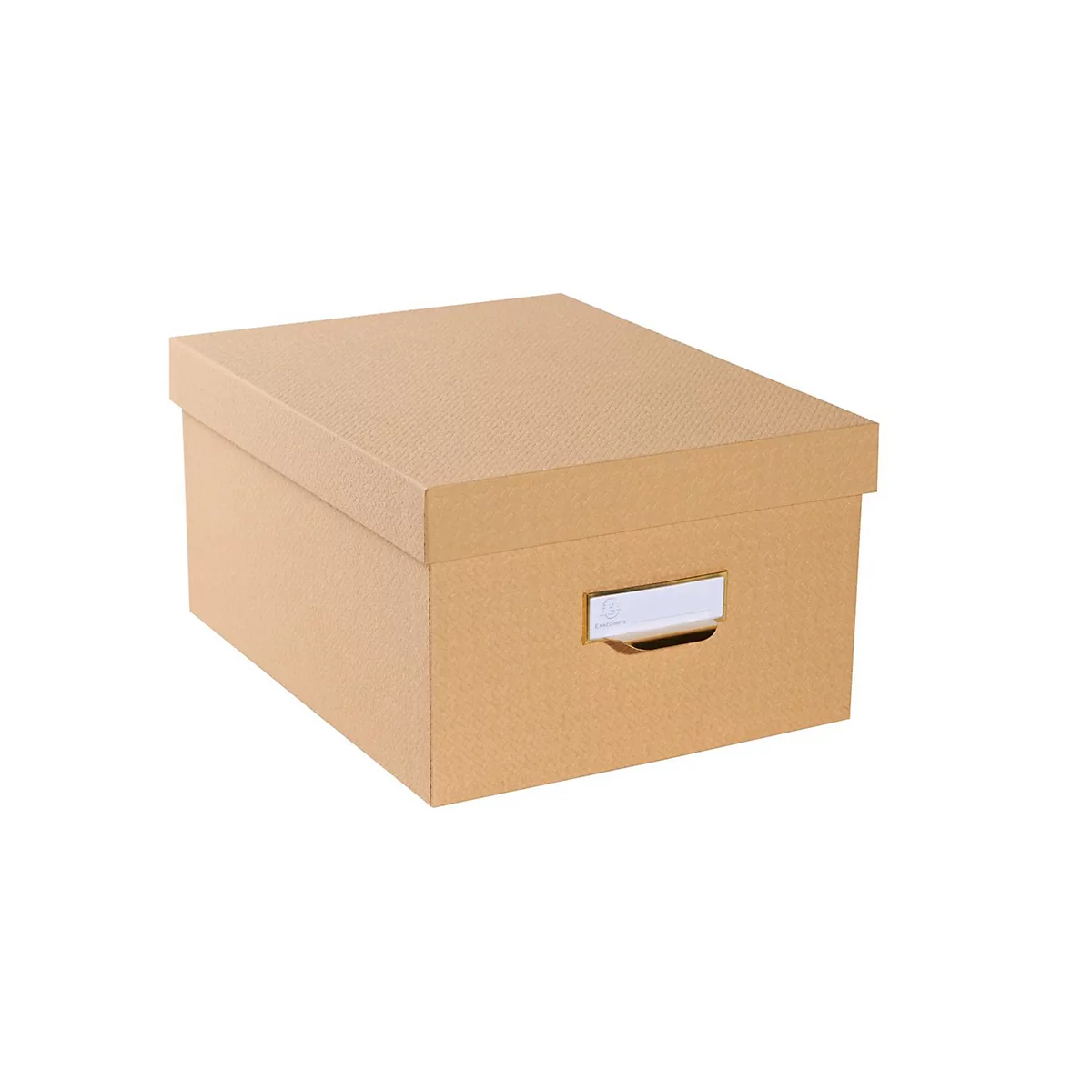 Beige kartonnen doos met deksel en witte handgreep. Op een lichte achtergrond.
