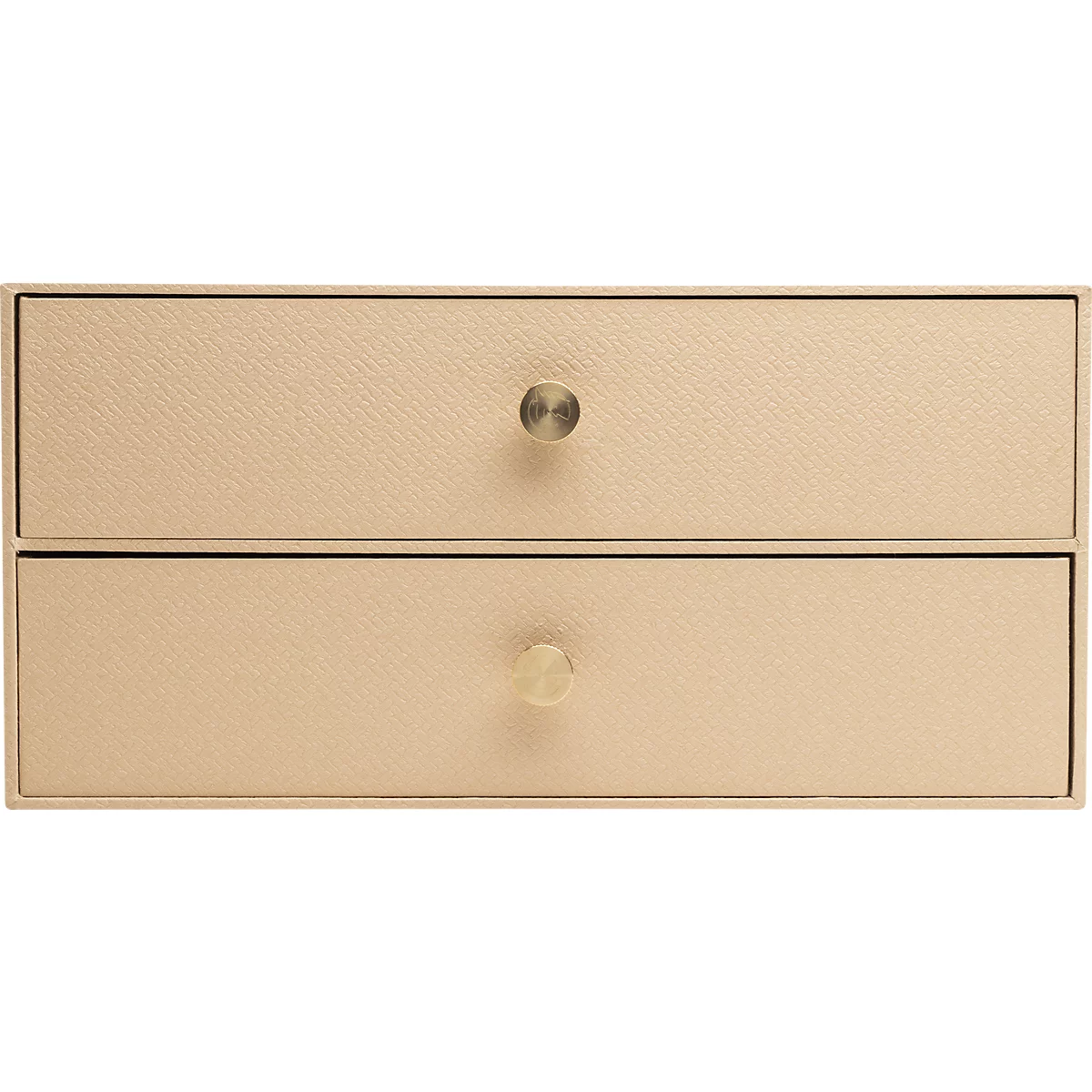 Nahaufnahme einer zweischichtigen Schublade aus hellem Leder mit zwei runden Knöpfen.