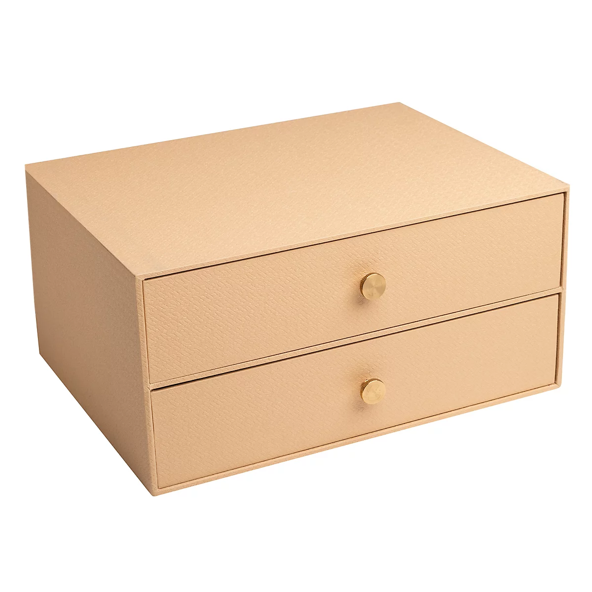 Beigefarbene Schmuckschatulle mit zwei Schubladen und goldenen Knöpfen.