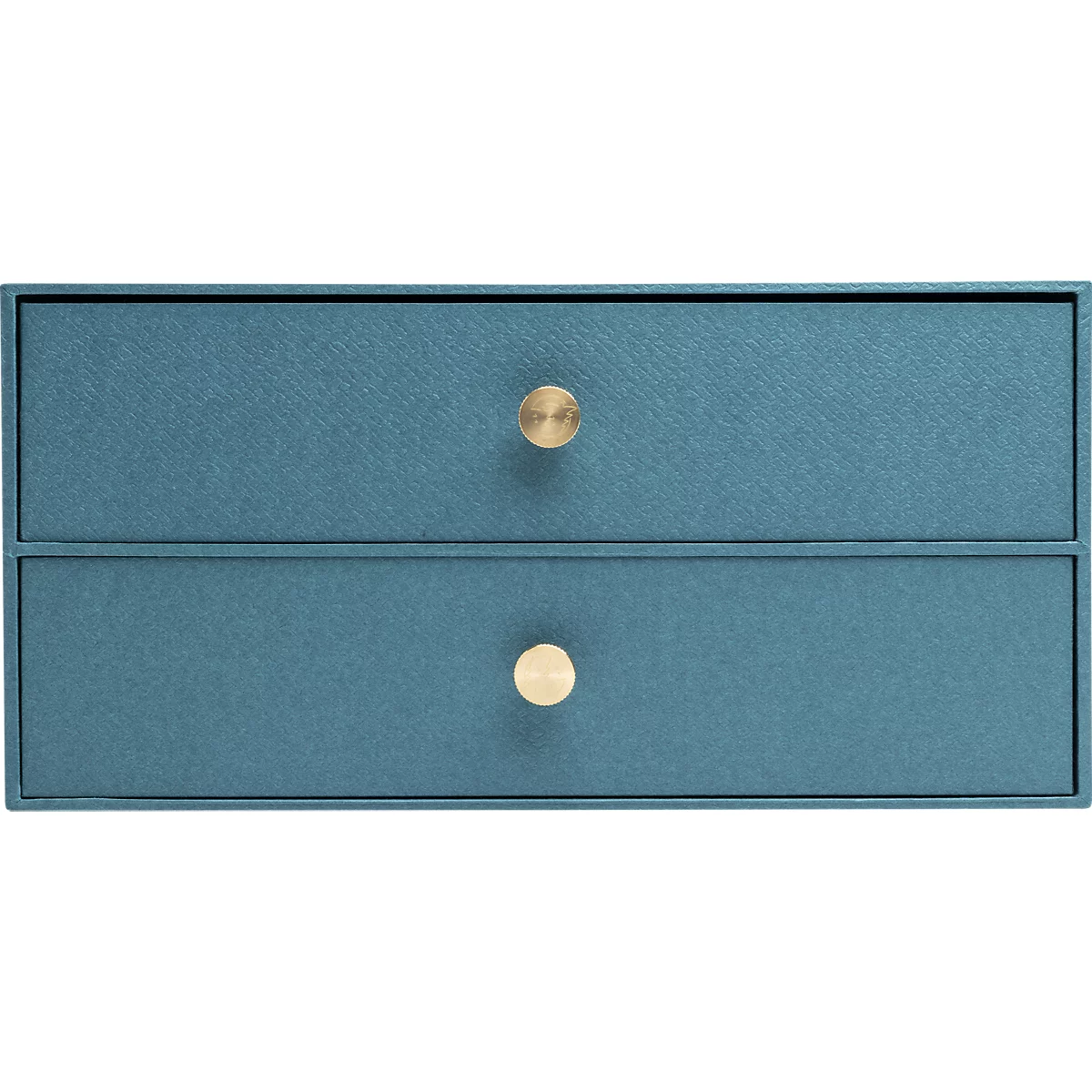 Nahaufnahme einer zweischichtigen Schublade in Blau mit goldenen Knöpfen.