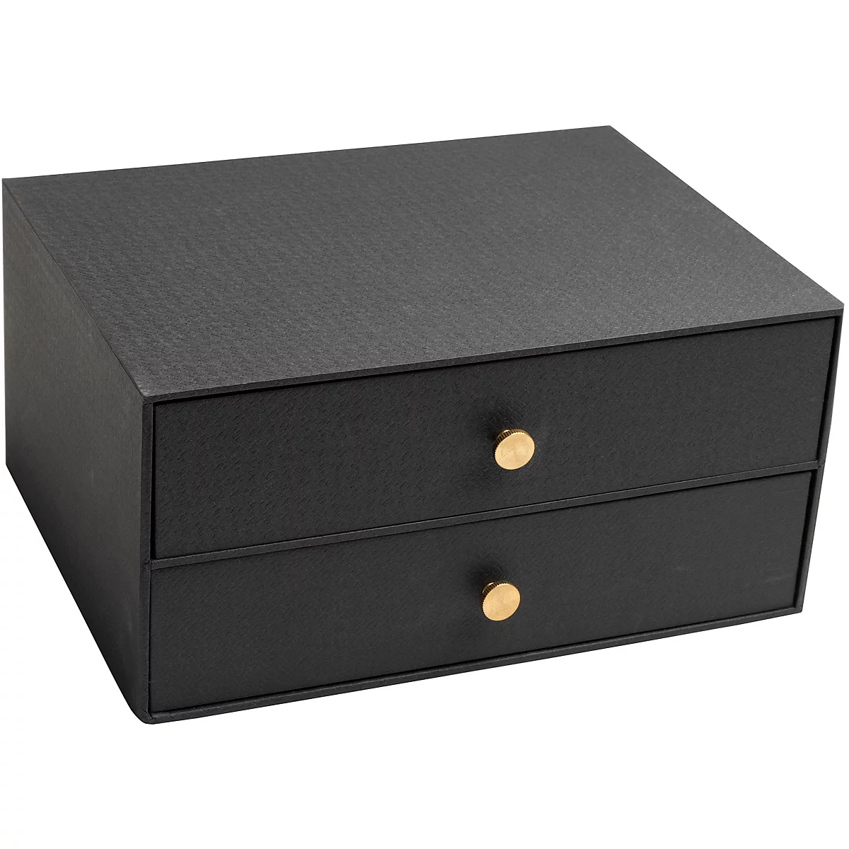 Schwarze Schubladenbox mit zwei Schubladen. Runde goldene Knöpfe, strukturierte Oberfläche.
