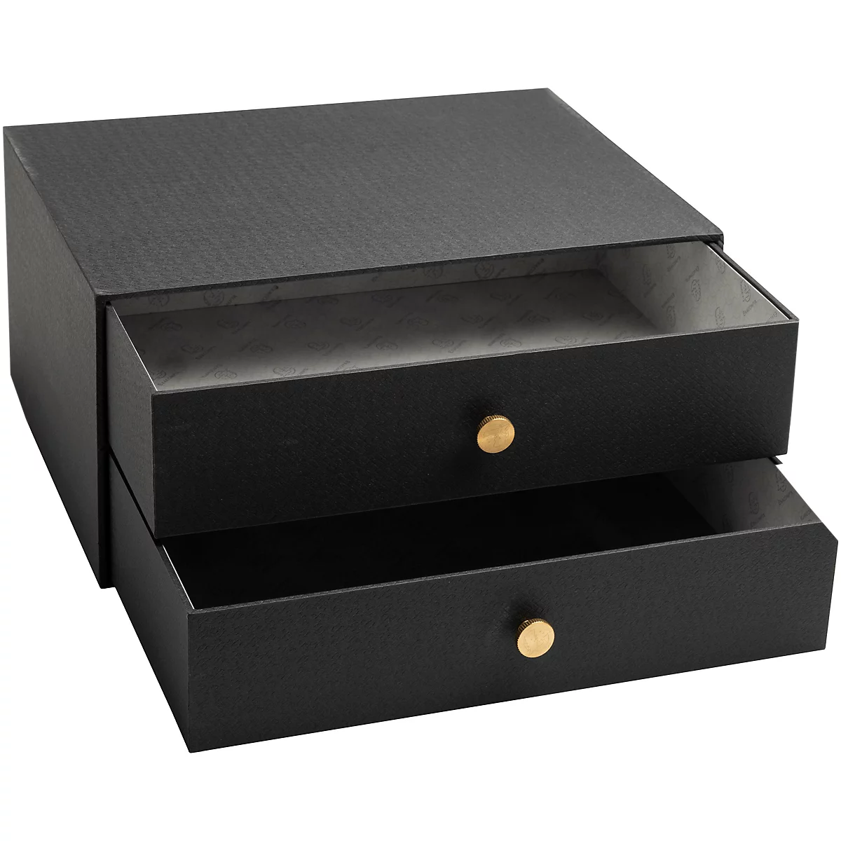 Schwarze Schubladenbox mit zwei Schubladen. Jede Schublade hat einen goldenen Knopf.