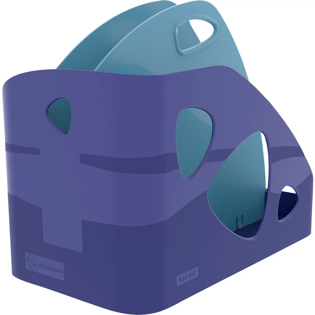 Porte-revues bleu-violet avec poignées et découpes. Conçu avec des accents de couleur plus clairs.