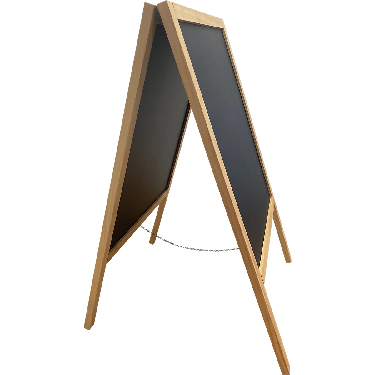 Tableau noir en bois avec surfaces d'écriture sombres, reliées par un fil.