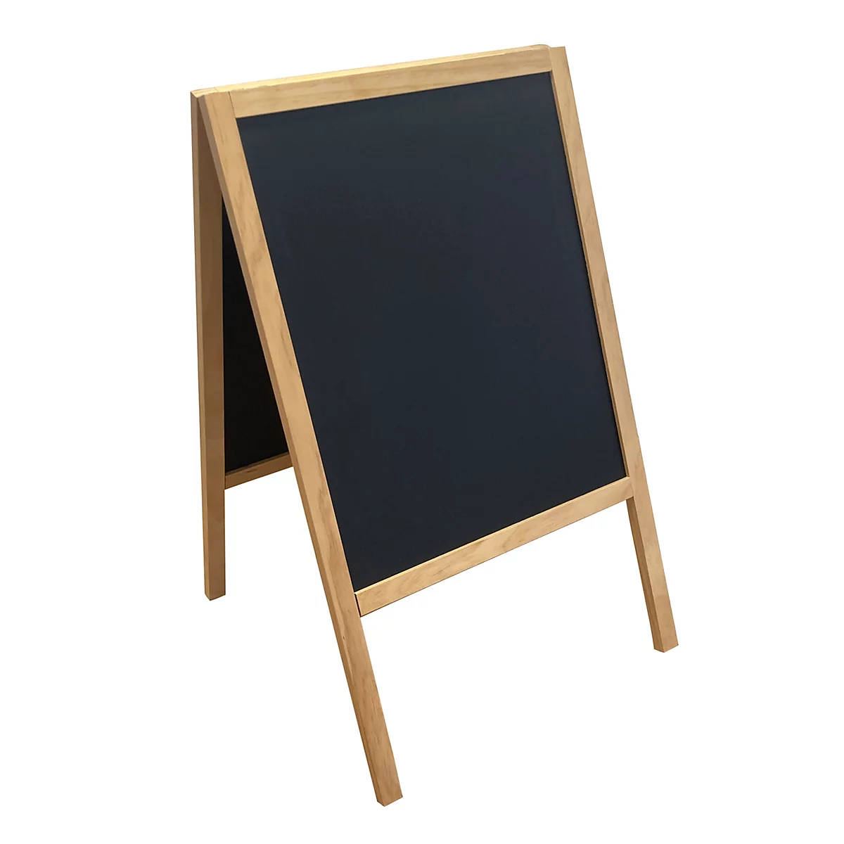 Tableau noir en bois avec surface d'écriture noire, sur fond blanc.