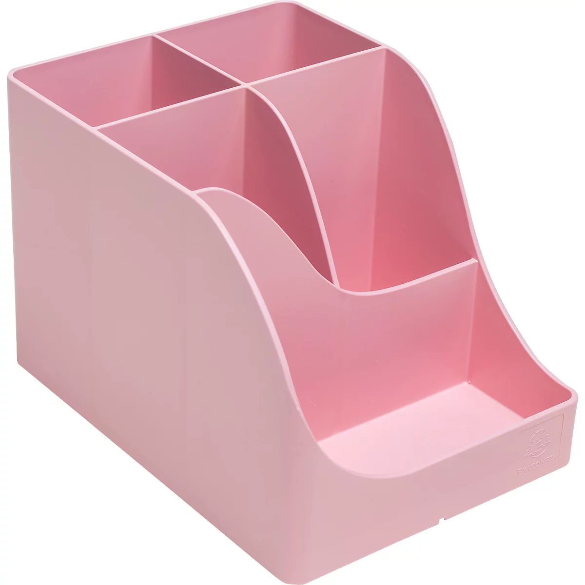 Roze plastic bureau-organizer met meerdere compartimenten.