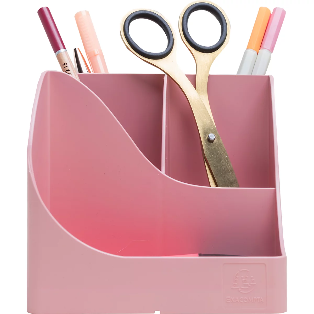 Roze pennenhouder met schaar, pennen en potloodhouder. De schaar heeft gouden handgrepen, zwarte grepen.