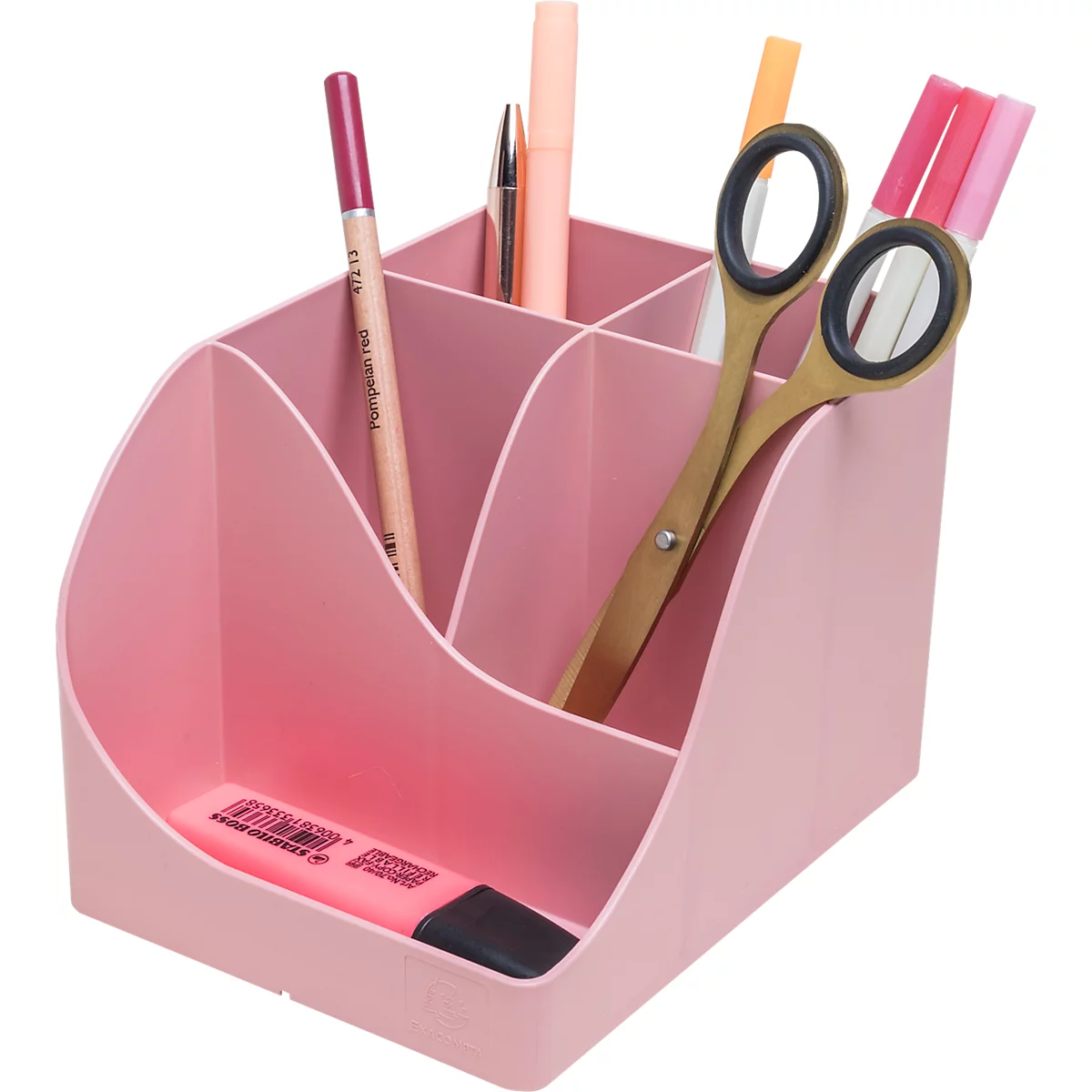 Een roze bureau-organizer met pennen, markers en een gouden schaar.