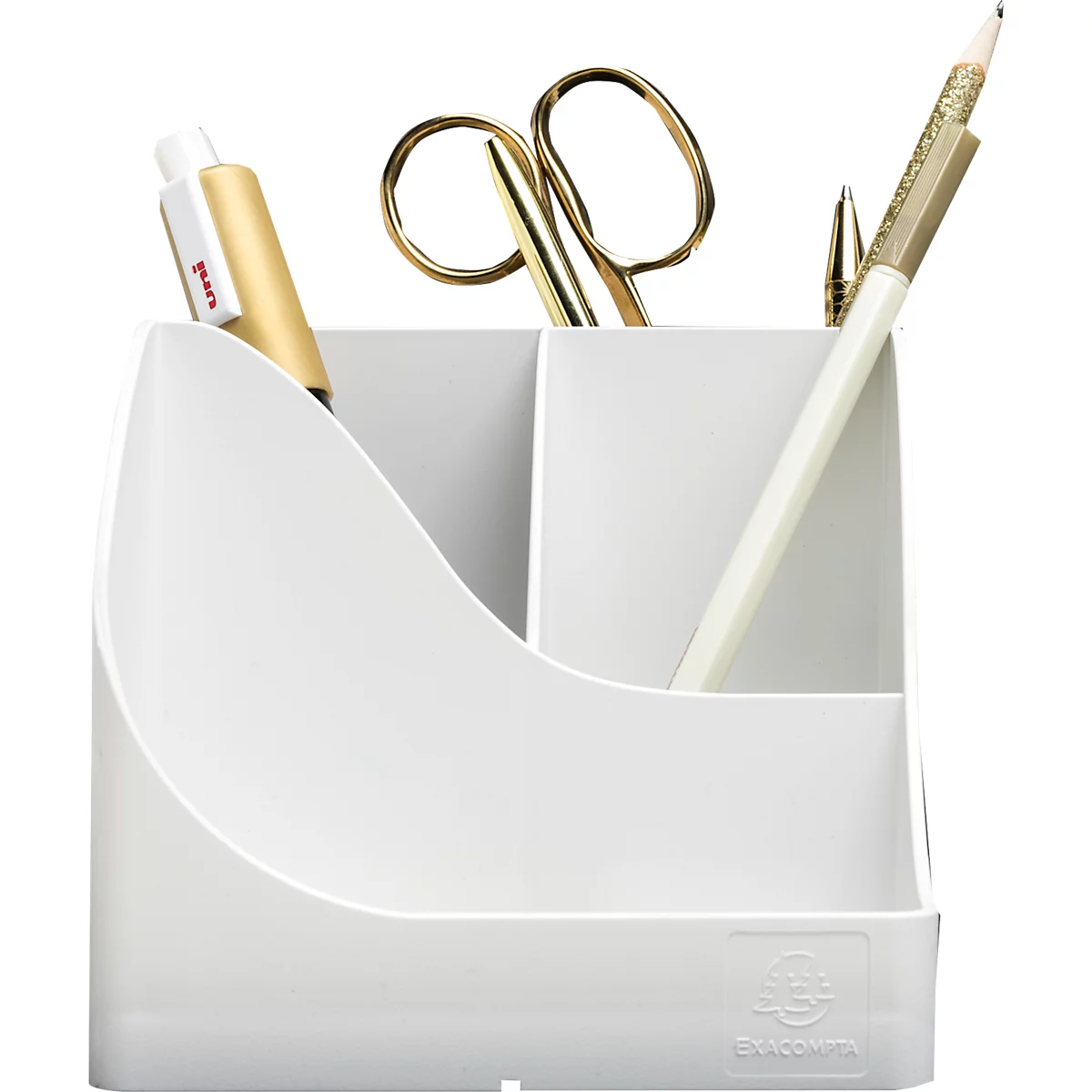 Witte pennenhouder met gouden accenten. Bevat pennen, schaar. Logo rechtsonder.