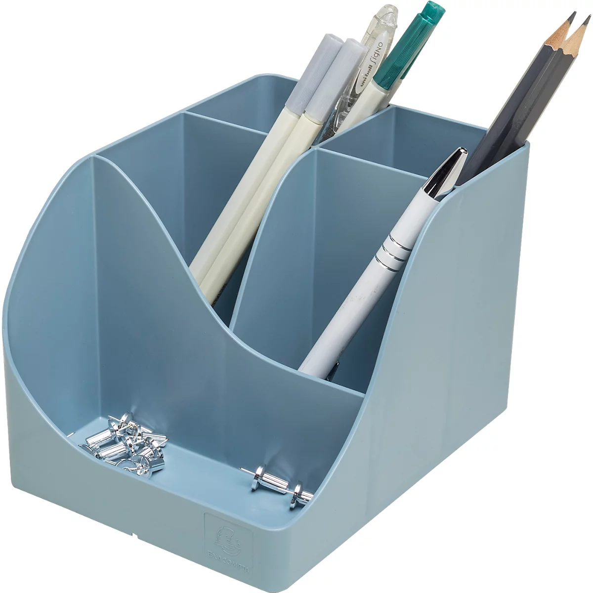 Lichtblauwe pen- en kantoorbenodigdhedenorganizer. Pennen, potloden, paperclips en punaises erin.