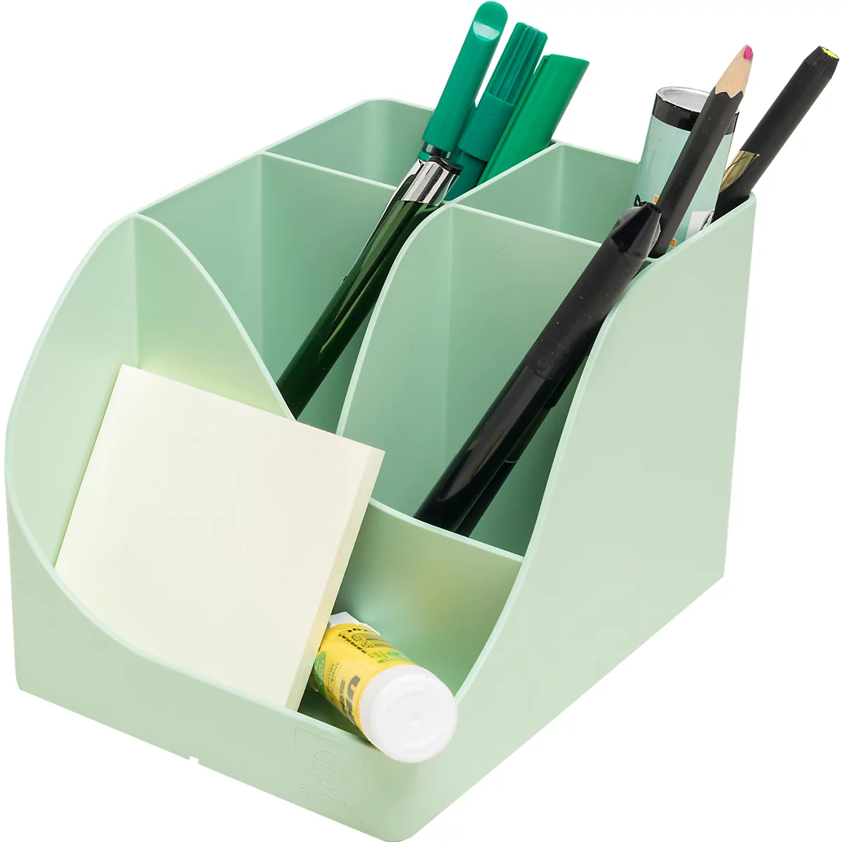 Lichtgroene pennenhouder met pennen, lijmstift en plaknotities. Verdeeld in compartimenten. Goed gevuld.
