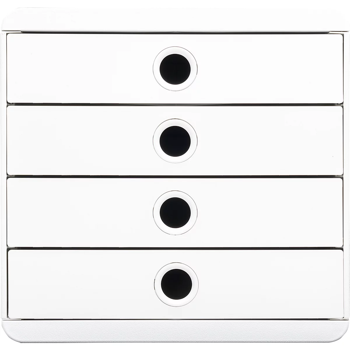 Witte lade-eenheid met vier laden. Elke lade heeft een zwarte, ronde handgreep.