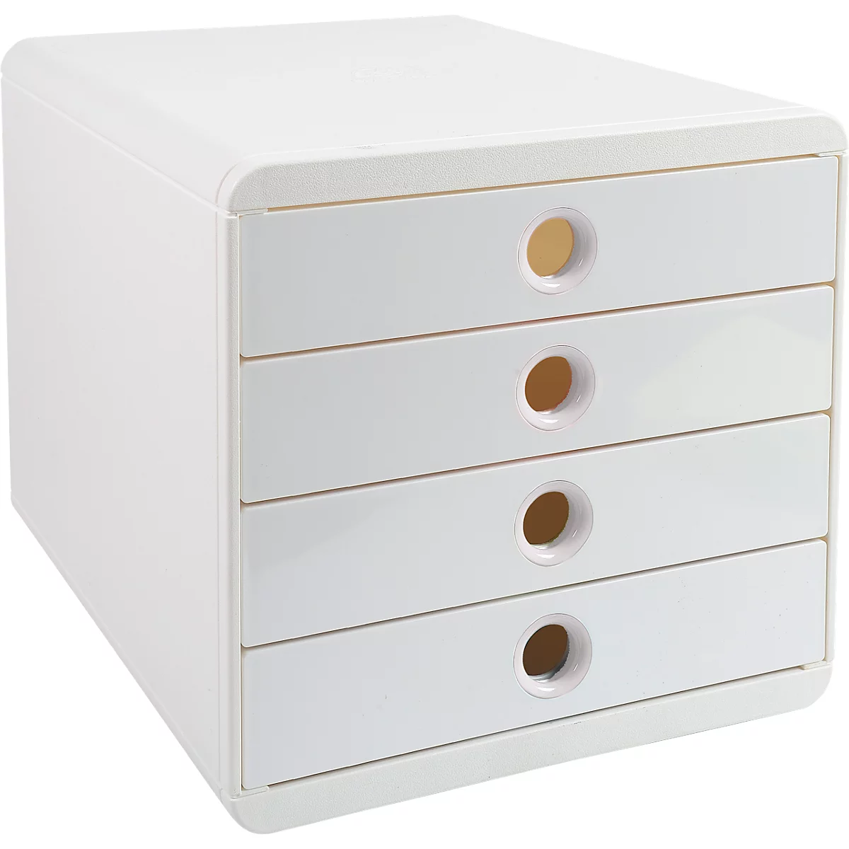 Witte stapelbare ladenkast met vier laden en ronde handgreepopeningen.