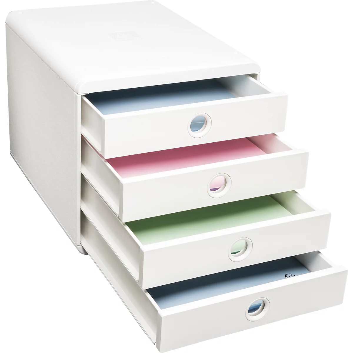 Weißes Schubladensystem mit vier farbigen Schubladen. Blaue, rosa, grüne und blaue Innenseiten.
