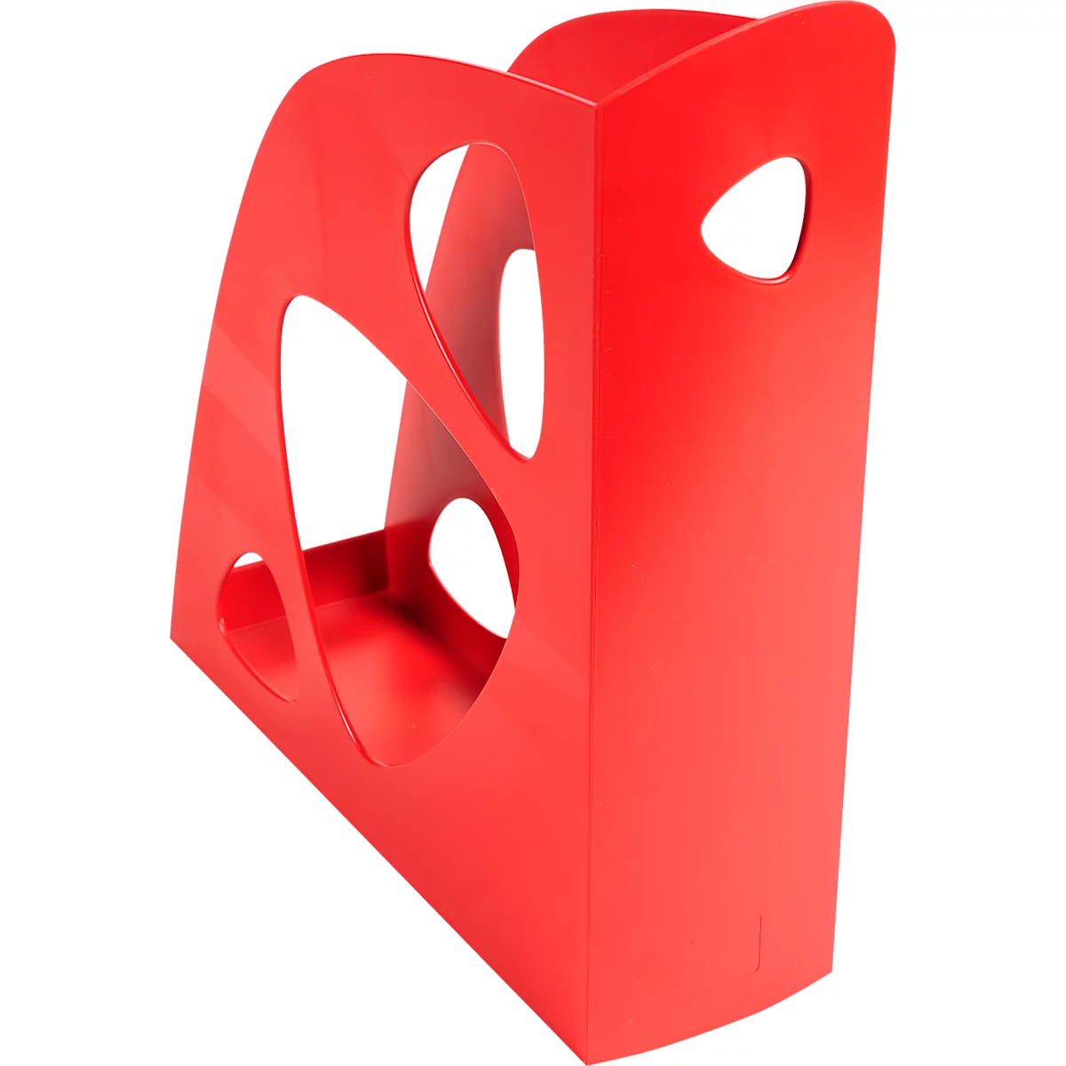 Porte-revues rouge avec des découpes incurvées.