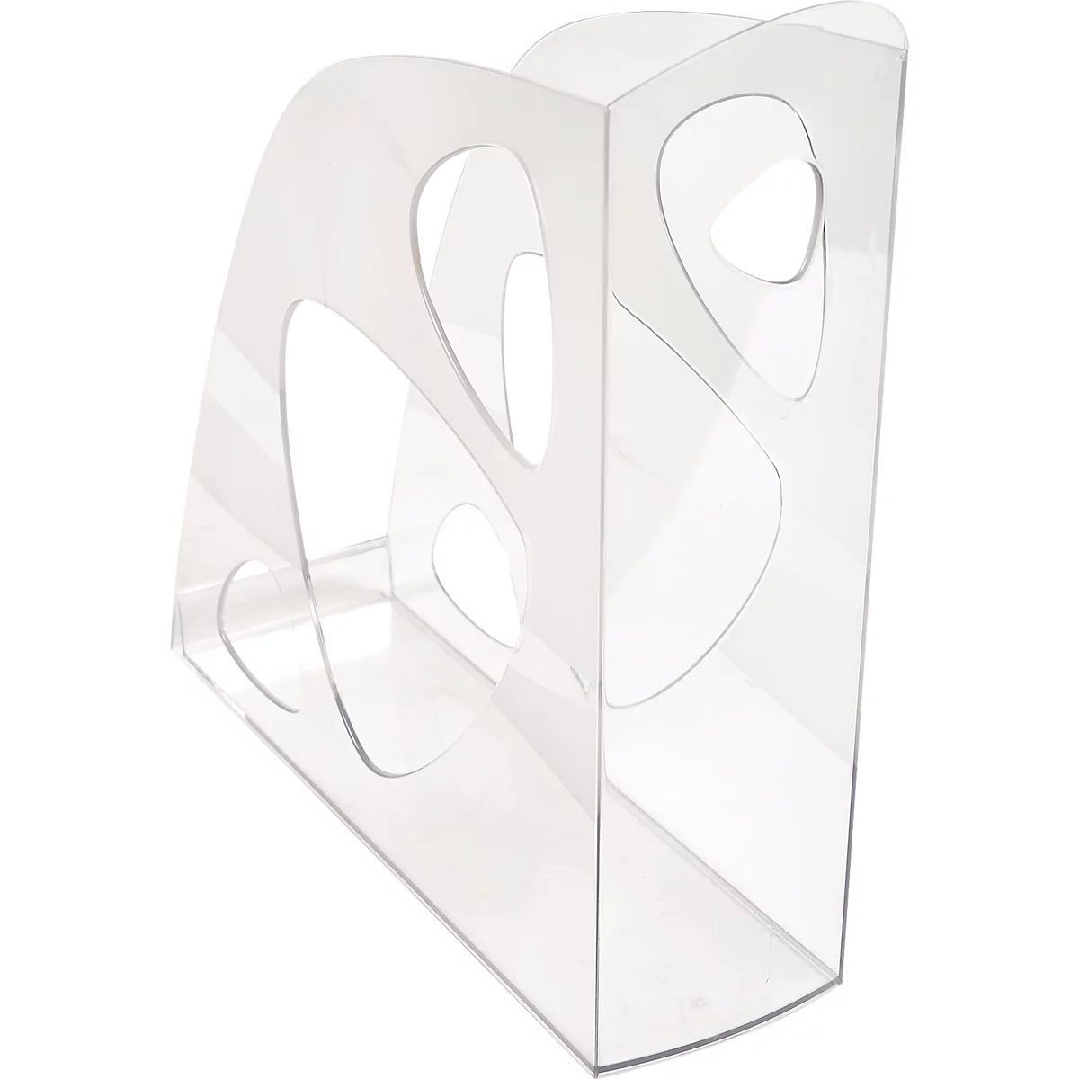 Porte-revues transparent en plastique avec des découpes de forme organique.