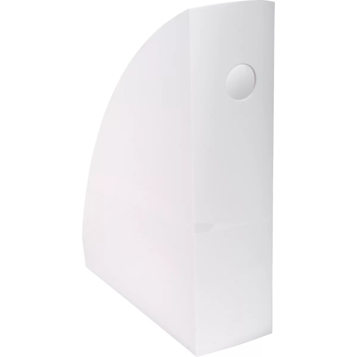 Porte-revues blanc, semi-circulaire, avec un trou de poignée rond.