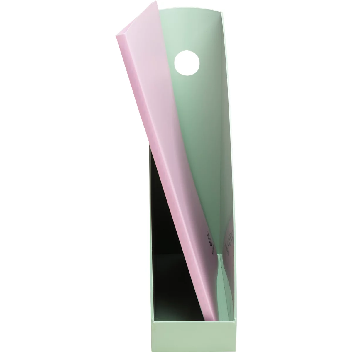 Porte-revues vert, carnet rose qui dépasse. Trou sur le côté.