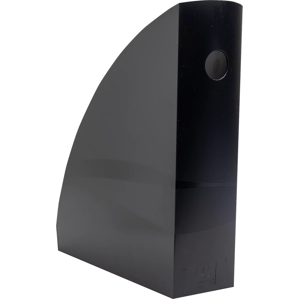 Porte-revues noir, rectangulaire avec coin arrondi et trou rond.