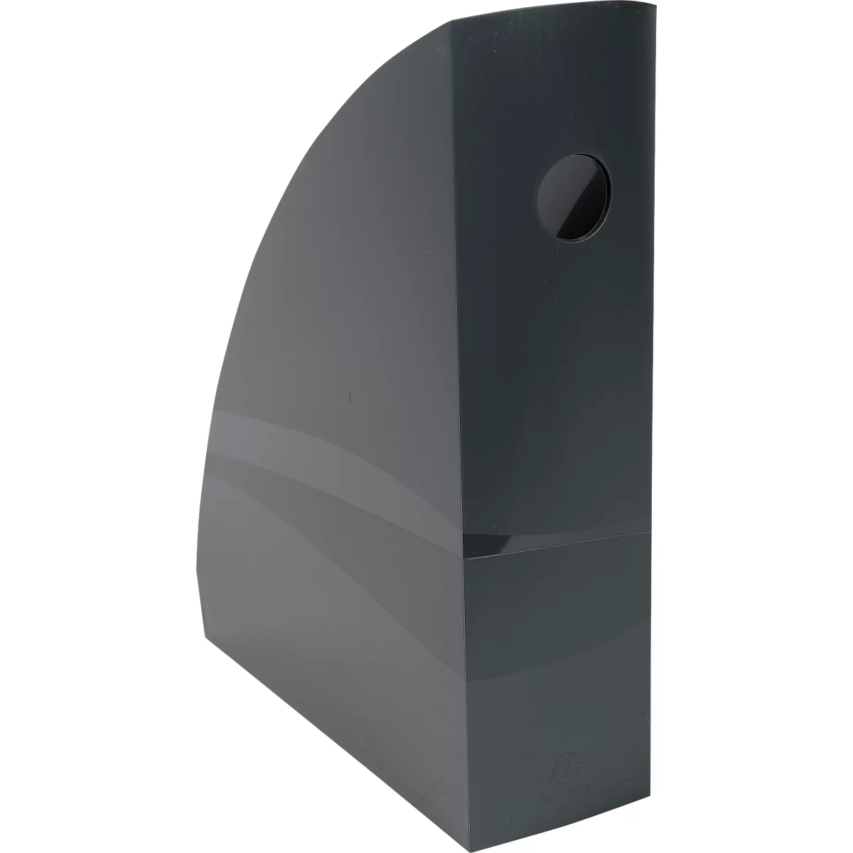 Porte-revues gris avec un trou rond, lignes courbes.
