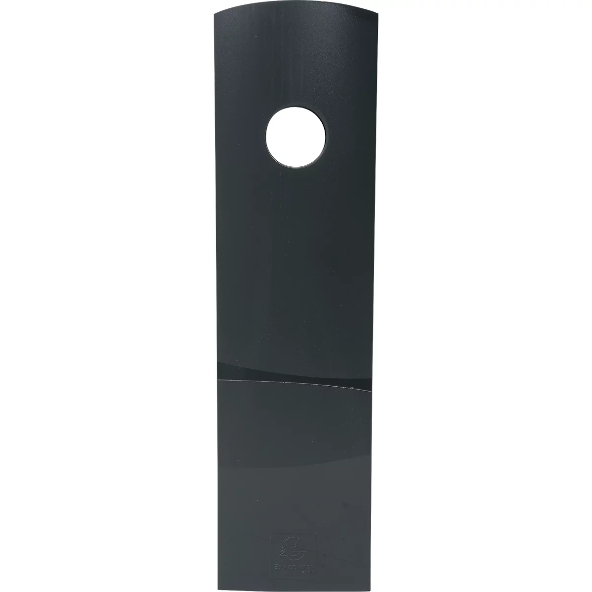 Une forme allongée de couleur anthracite avec des coins arrondis et un trou ovale dans la partie supérieure.