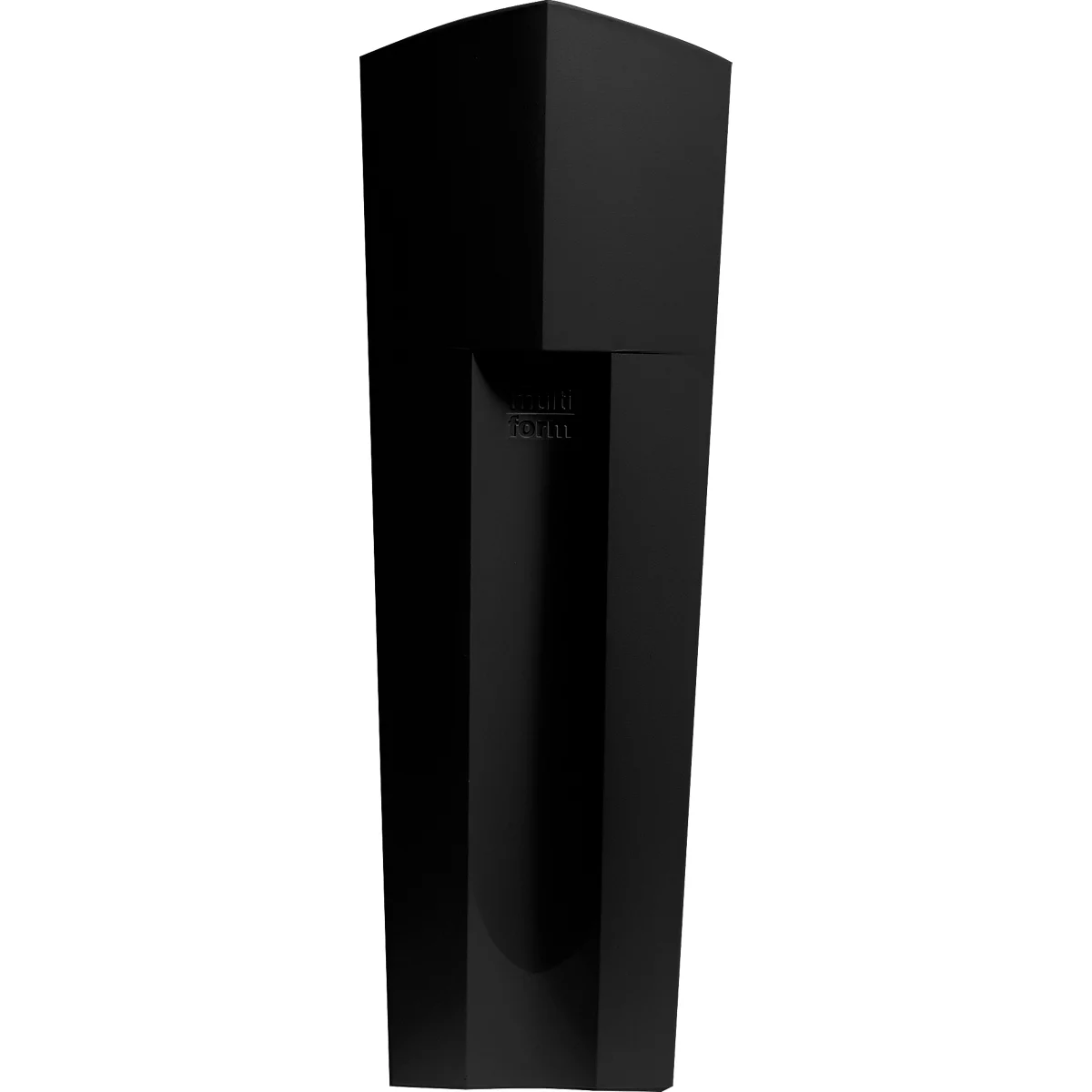 Robinet de design noir angulaire avec un logo d'entreprise subtil.