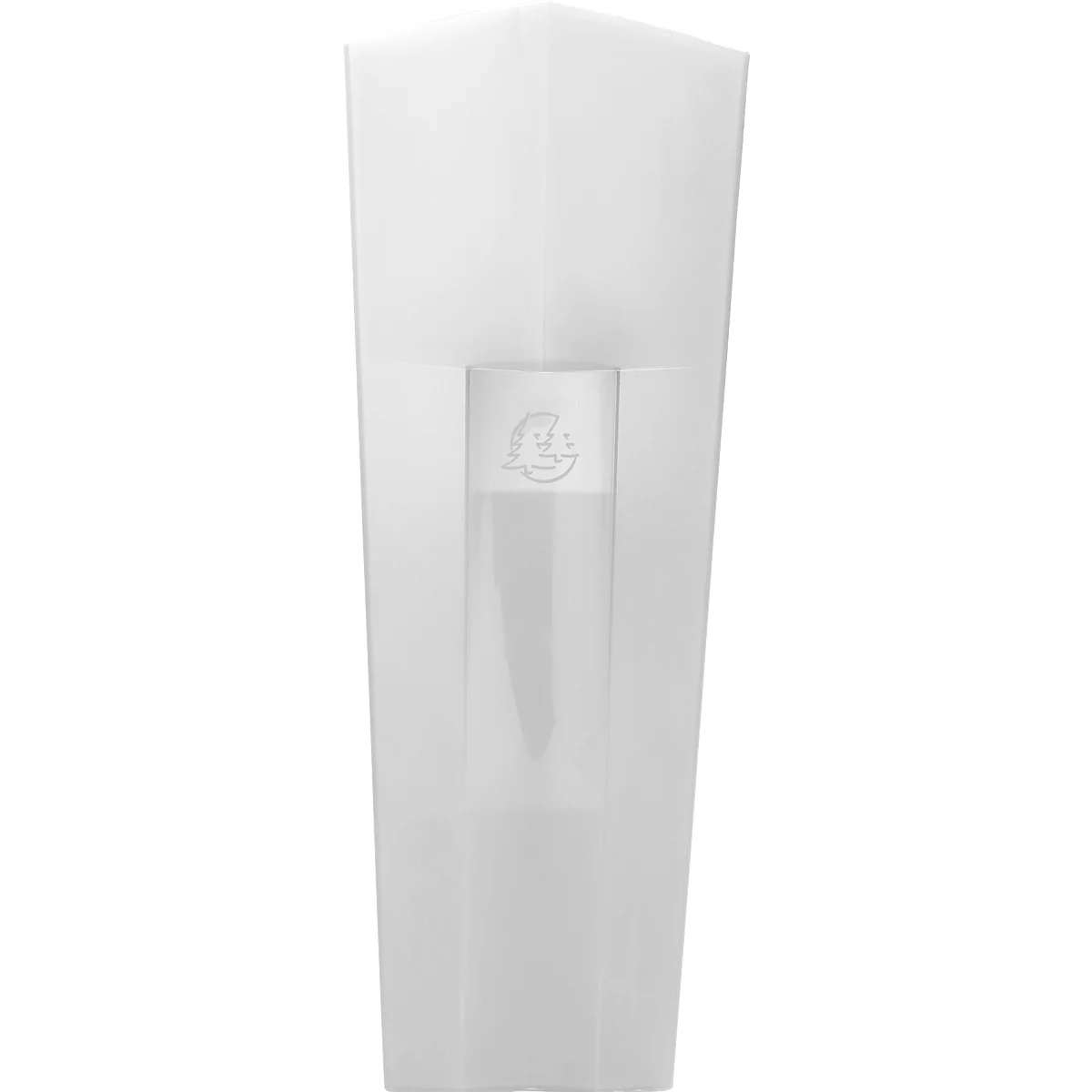 Bougeoir blanc en forme de prisme, avec encoche pour la bougie, structure légèrement transparente.