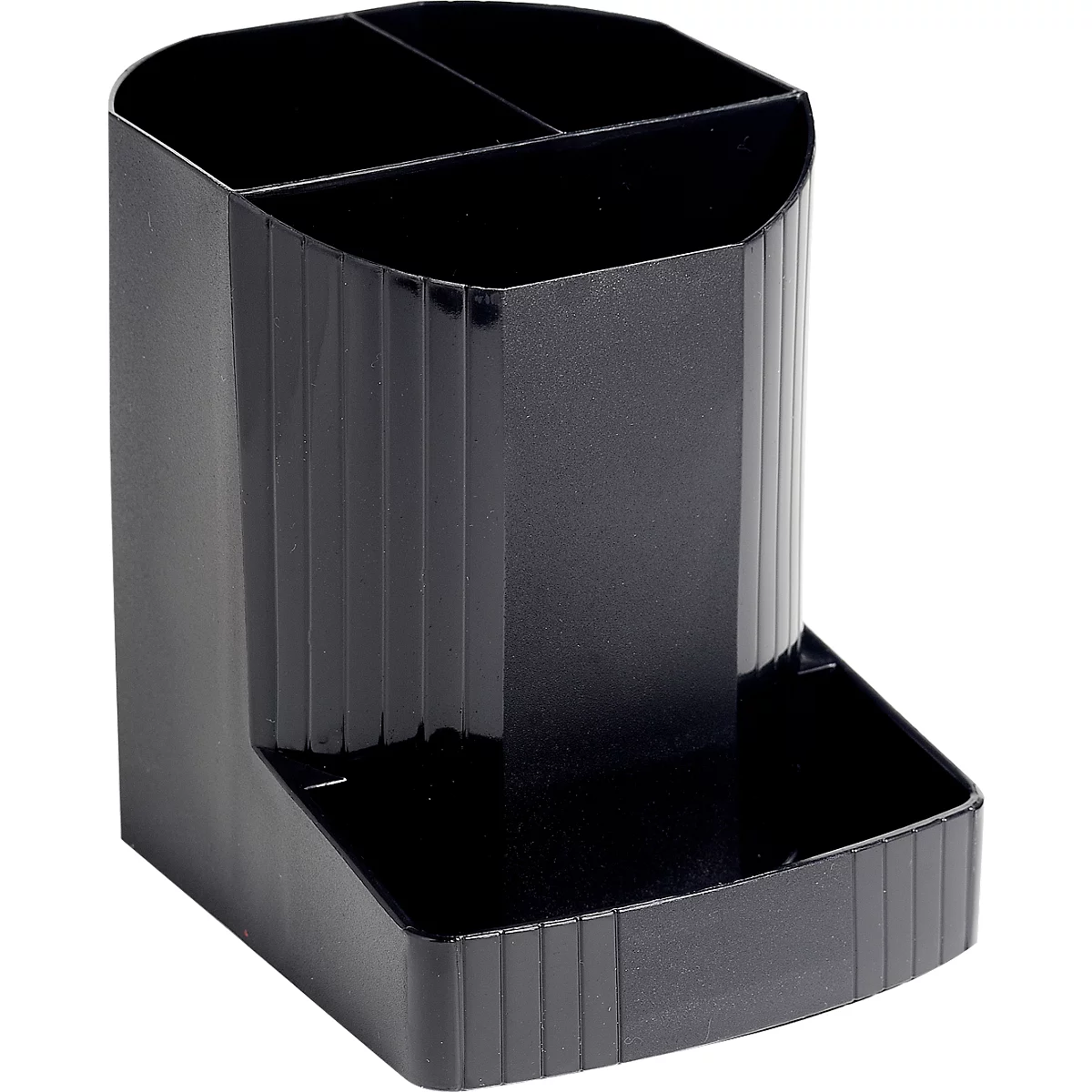 Porte-stylo noir avec trois compartiments et un petit plateau de rangement rectangulaire.