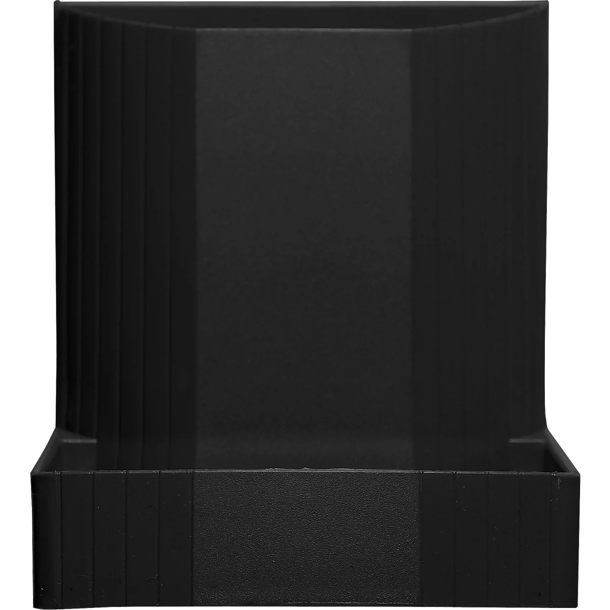 Récipient noir et rectangulaire avec une surface nervurée et lisse.