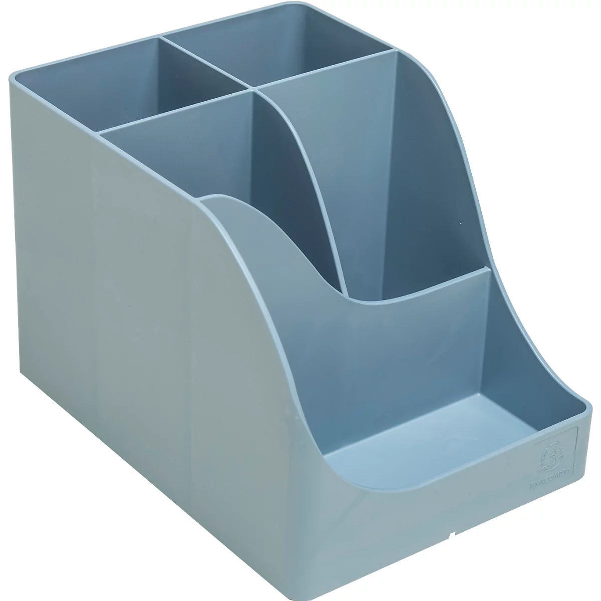 Organisateur de bureau en plastique bleu clair. Le compartiment est divisé en plusieurs compartiments.