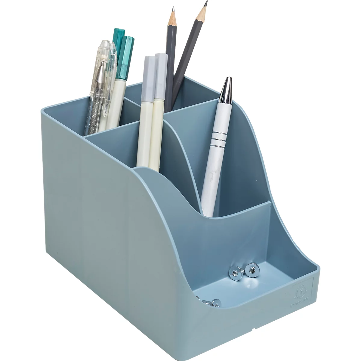 Organisateur de bureau bleu clair avec stylos, crayons et trombones.