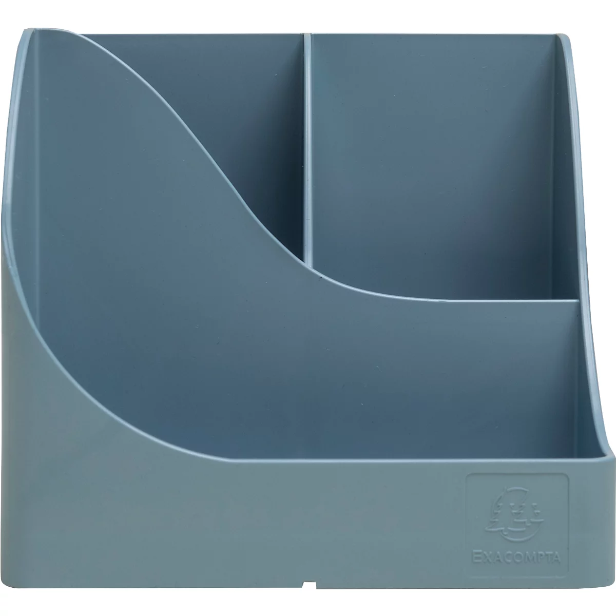 Bac de rangement de bureau bleu clair. L'avant a une forme incurvée. Le plateau est divisé en plusieurs compartiments.