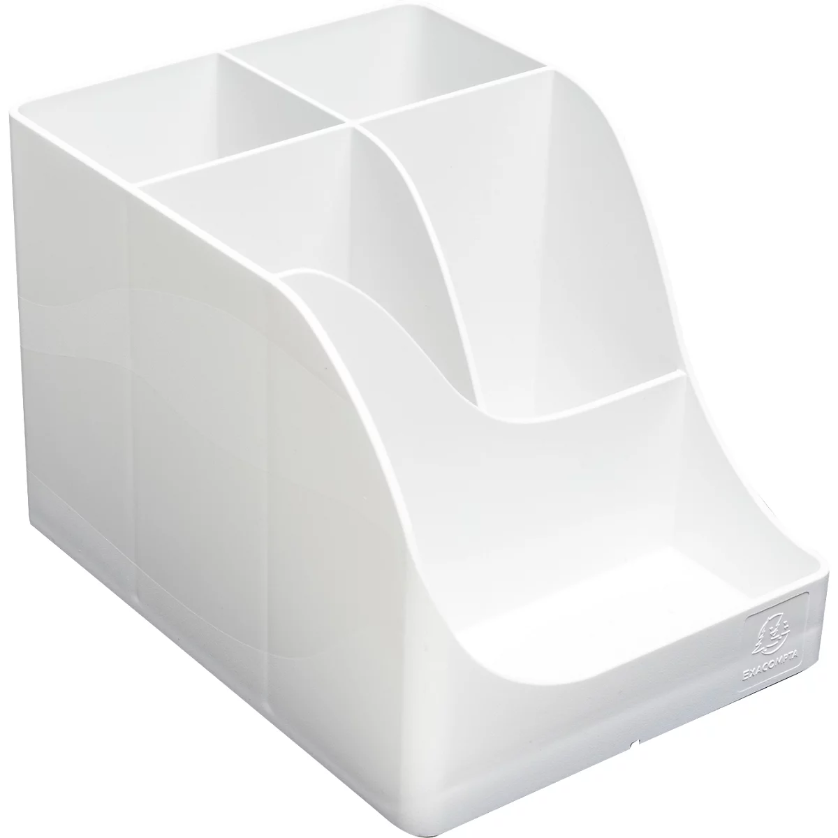 Organiseur de bureau blanc avec plusieurs compartiments, forme arrondie.