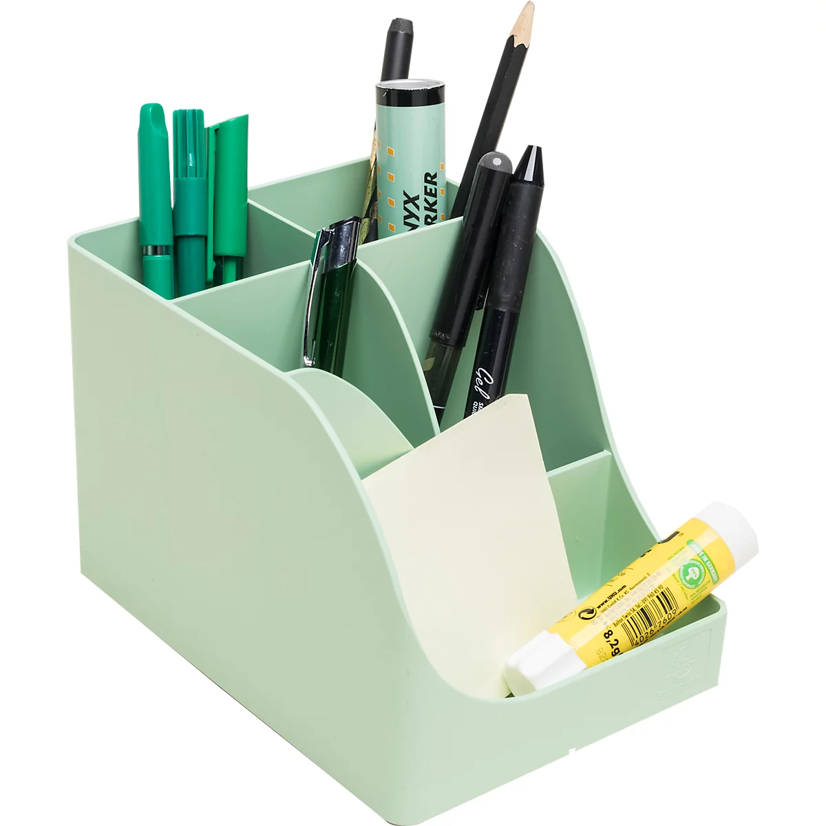 Porte-stylos vert clair avec divers stylos, crayons et post-it. "NYX MARKER" écrit sur le porte-stylos.