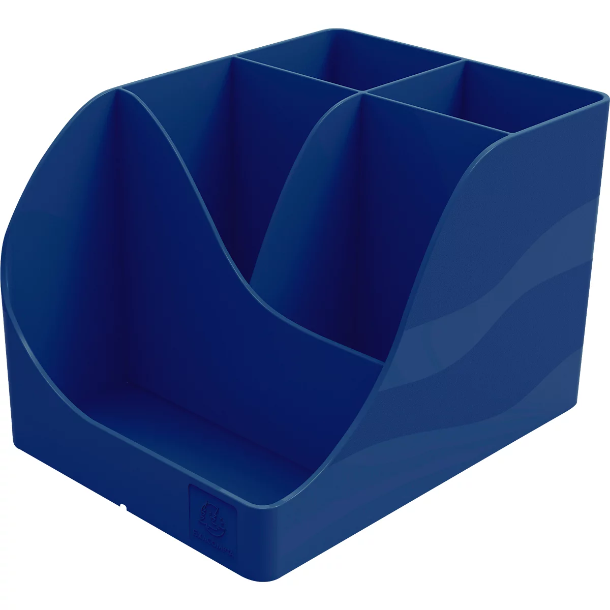 Organisateur de bureau en plastique bleu. Il comporte plusieurs compartiments.